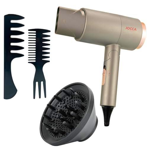 JOCCA - Secador de Pelo Plegable, con Difusor y Peines Incluidos/Potencia 2000W/ Motor DC/ 3 Temperaturas y 2 Velocidades/Difusor y 2 Peines